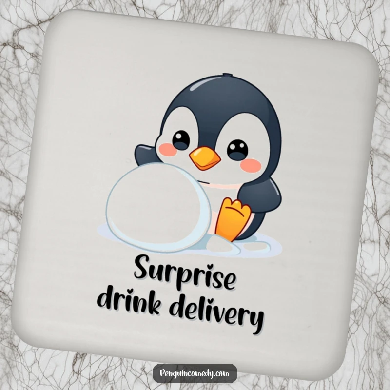 Funny drink coaster with a mischievous penguin peeking, adds playful humor, a small gift.