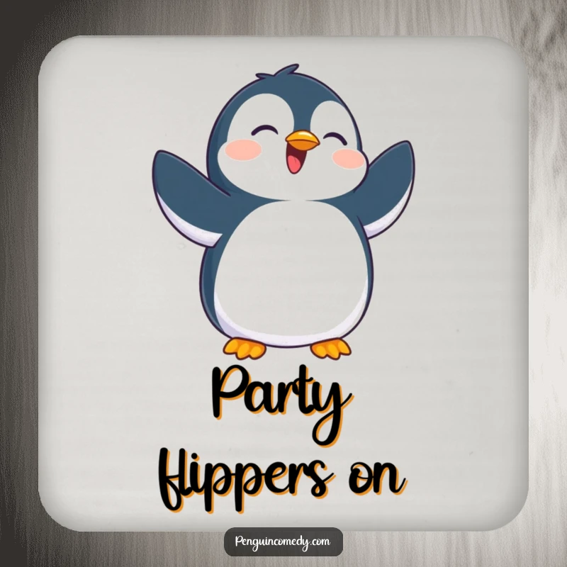 Funny drink coaster with an overjoyed penguin flapping flippers, adding a cheerful and humorous touch to tabletops while protecting surfaces.