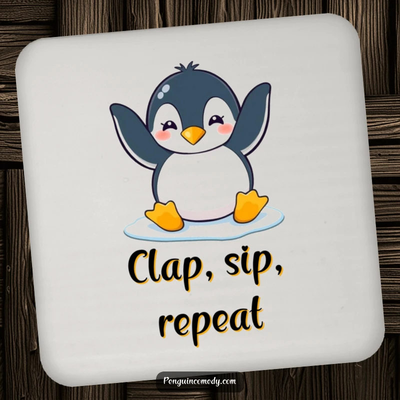 Funny penguin clapping playfully with flippers on ice, designed for a protective and funny drink coaster for a funny gift.