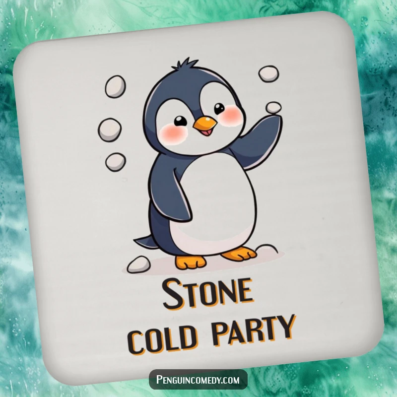 Funny penguin character juggling three small pebbles, bringing a comical and charming vibe to protect your surfaces on these coasters.