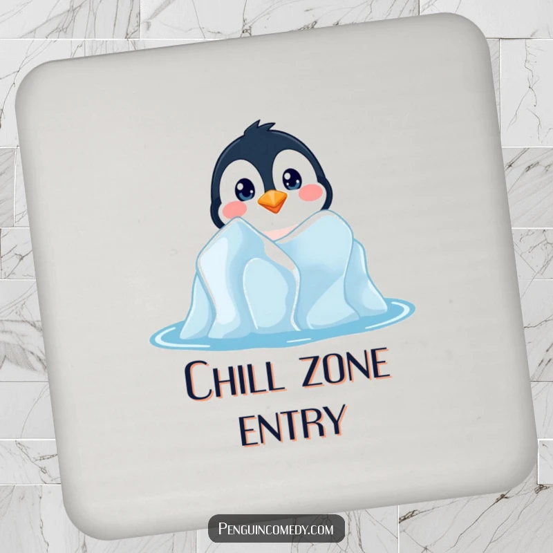 Funny drink coaster with a penguin peeking from an iceberg, protecting surfaces while adding a whimsical, humorous touch.