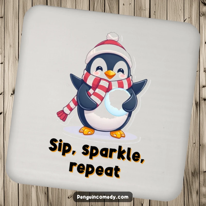Funny Penguin Drink Coaster with a festive penguin holding a glowing snowball, adding a humorous and protective touch to any tabletop.
