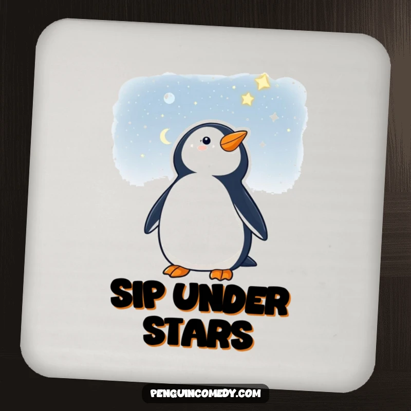 Funny drink coaster with a penguin looking at a starry night, protecting surfaces with cosmic flair.