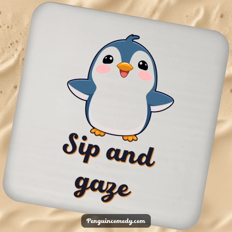 Funny joyful penguin drink coaster, with flippers outstretched, adding a touch of optimism and cheer to any table.