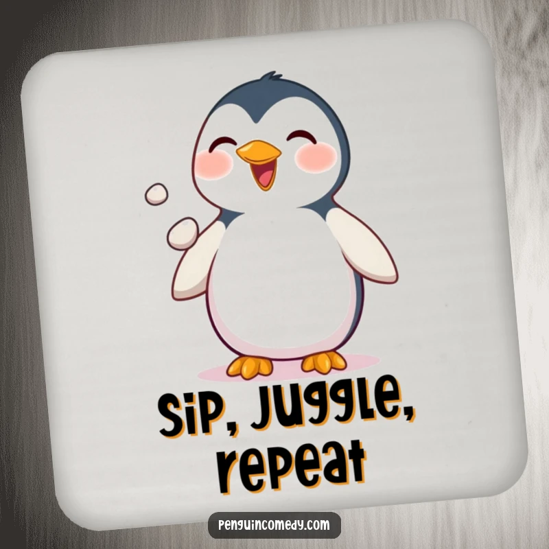 Funny Penguin Coaster: A decorative coaster featuring a delighted penguin juggling small pebbles, protecting surfaces with arctic charm and humor.