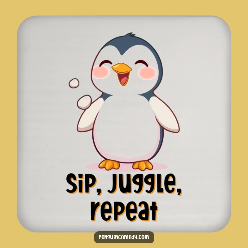 Funny Penguin Coaster - Juggling Pebbles Drink Protector, Playful Decor Gift