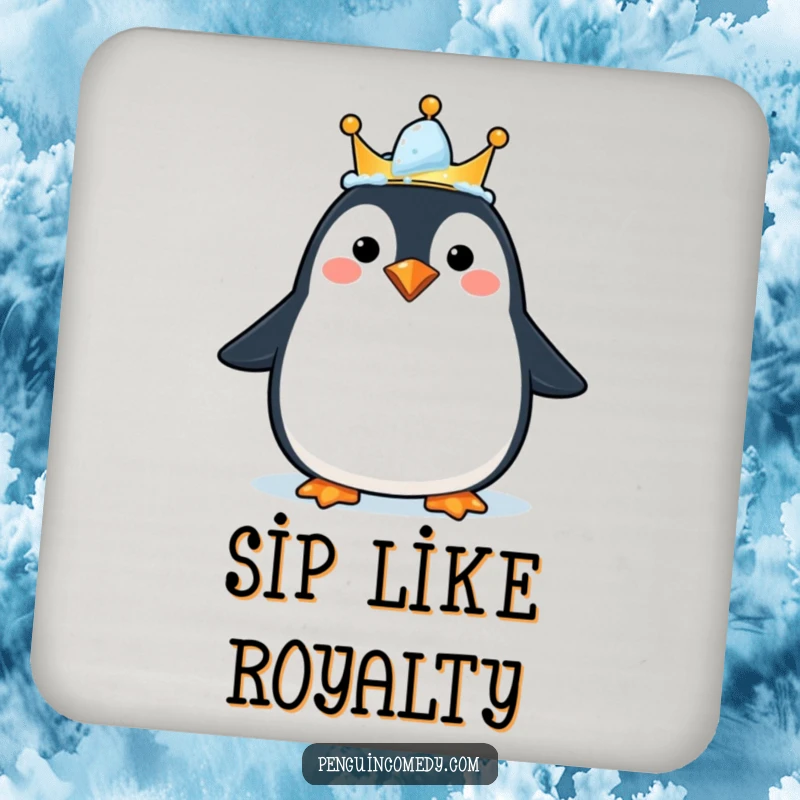 Funny drink coaster featuring a happy penguin with an ice crown, adds regal humor, a small gift.