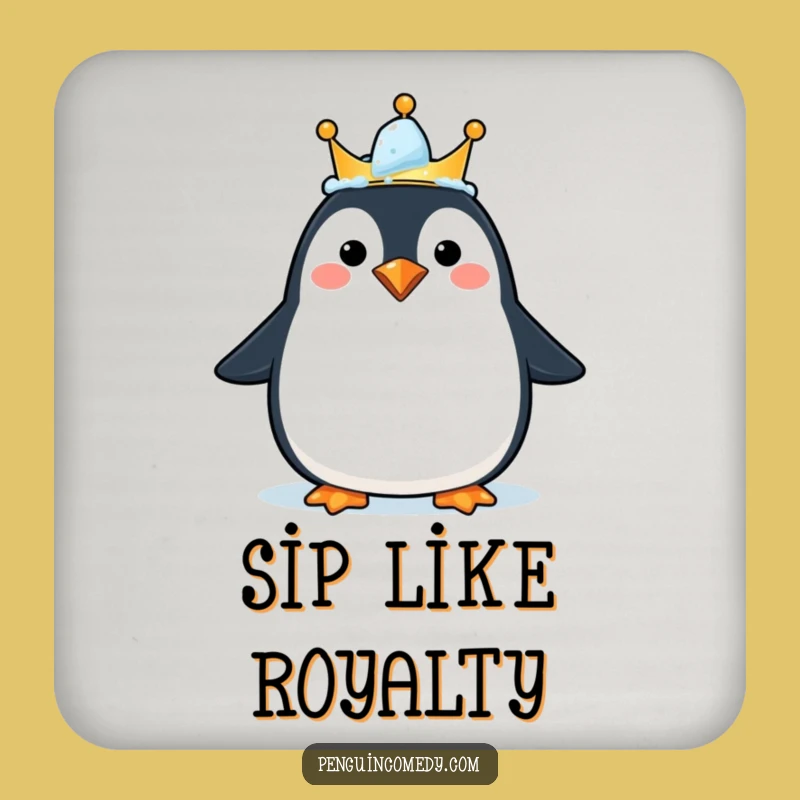 Funny Happy Penguin Crown Drink Coaster - Protect Surfaces with Royal Cheer Gift
