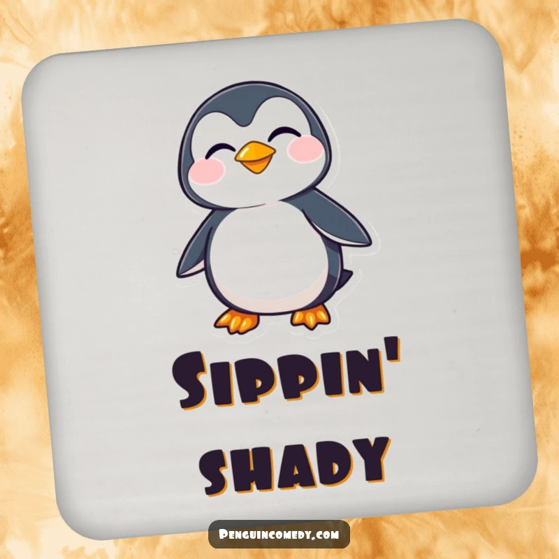 Funny penguin character with a mischievous sideways grin, bringing playful charm to protect your surfaces on these fun coasters.