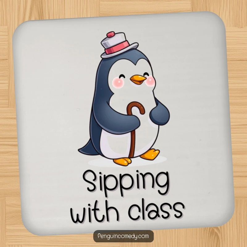 Funny drink coasters designed with a happy penguin wearing a top hat and holding a cane, providing surface protection with dapper charm.