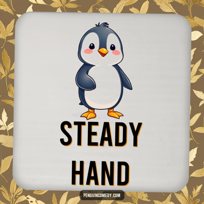 Funny penguin character demonstrating perfect balance on one foot, bringing poise and humor to protect your surfaces on these coasters.