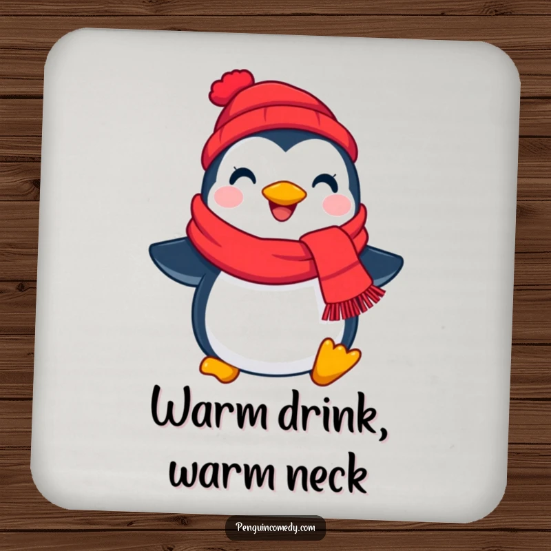 Funny penguin scarf drink coaster, depicting a cheerful bird holding a red scarf, adding winter charm to tables.