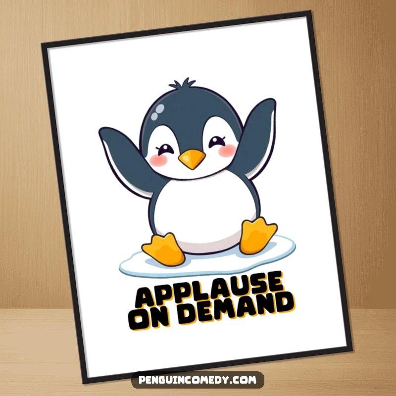 Funny penguin clapping playfully with flippers on ice, presented as a humorous poster for a funny gift.