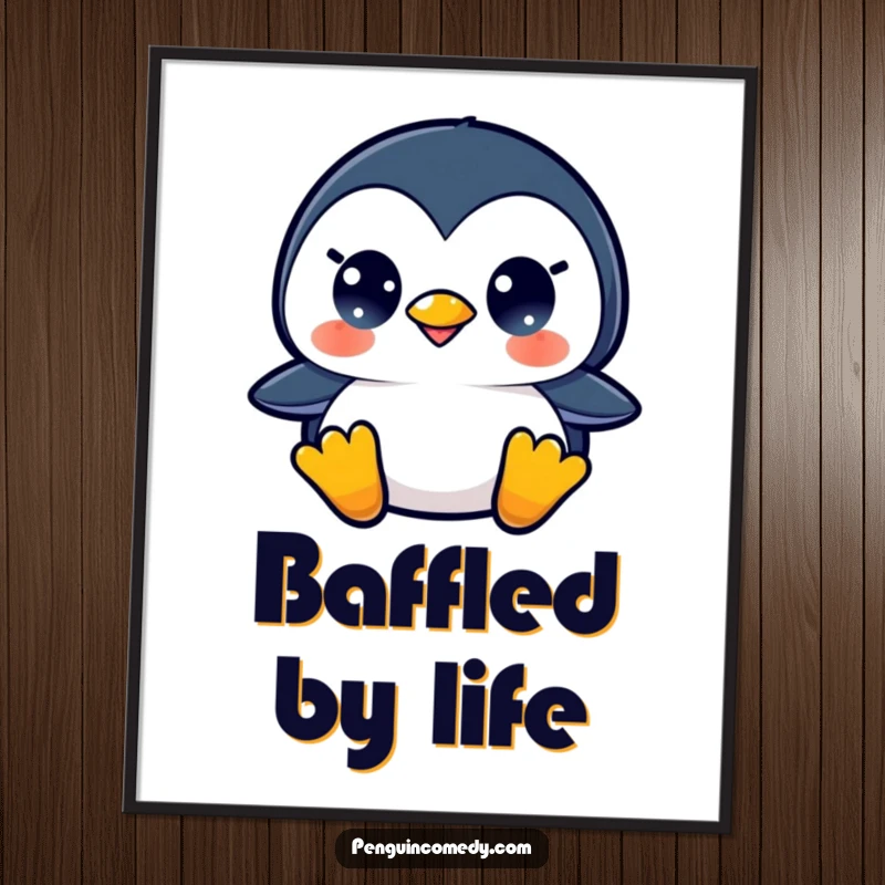 Funny poster print of a penguin looking surprised, perfect for humorous wall decor and a gift.