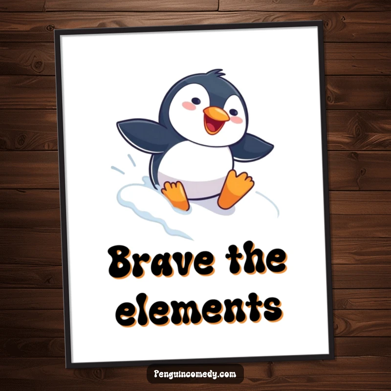 Funny Penguin Poster of a gleeful penguin sliding headfirst down a snowy slope, capturing the essence of winter fun and pure happiness.