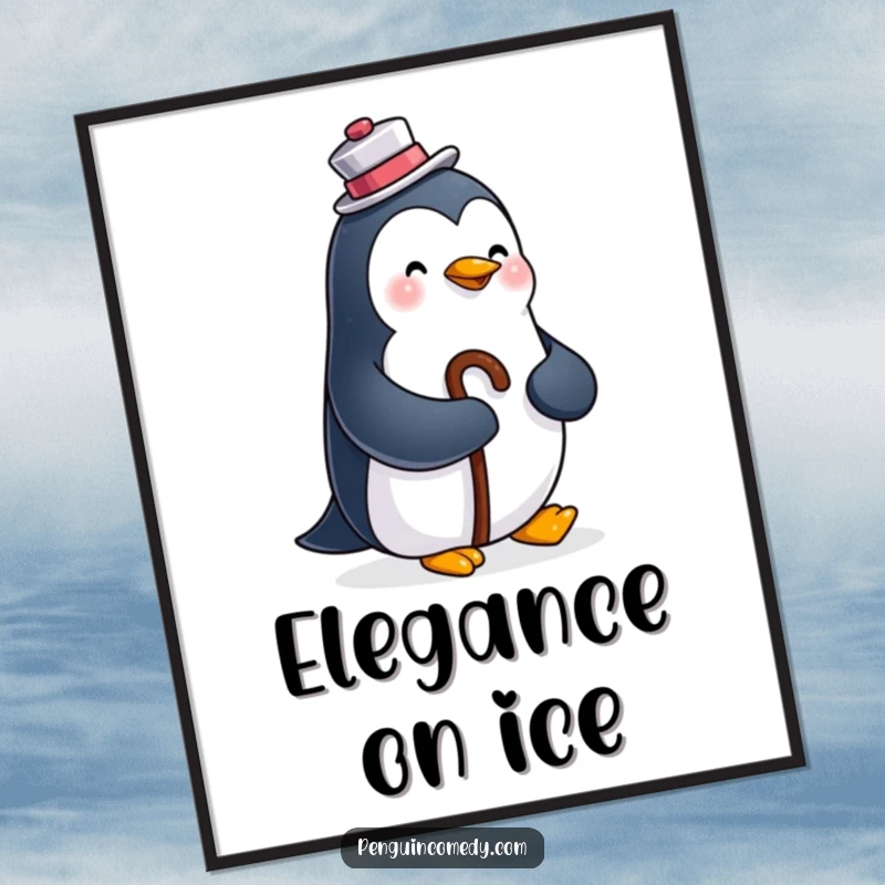 Funny poster print of a happy penguin wearing a top hat and holding a cane, bringing dapper charm and humor to wall decor.