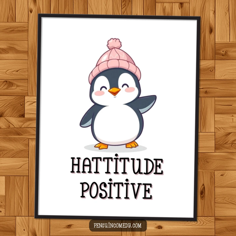 Funny Penguin Poster: A happy penguin in a knitted hat waddles joyfully, a heartwarming and funny gift.