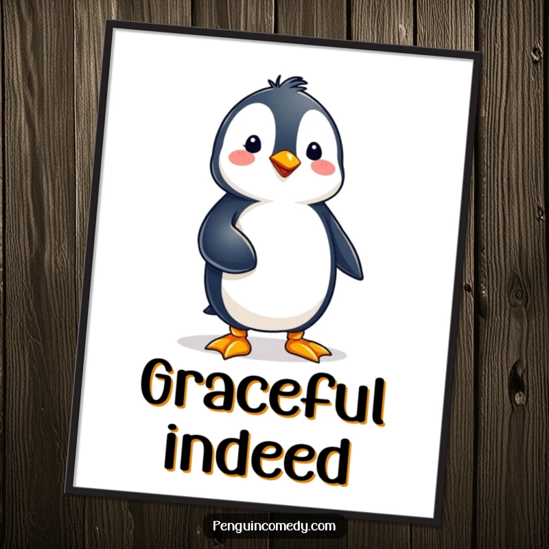 Funny penguin character in a state of perfect balance, standing elegantly on one foot, captured in this serene art print.