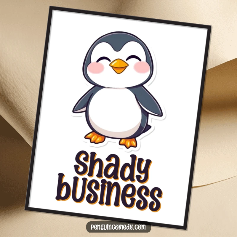 Funny penguin character with a captivating mischievous grin, looking sideways with an expression of pure playful intent in this art print.