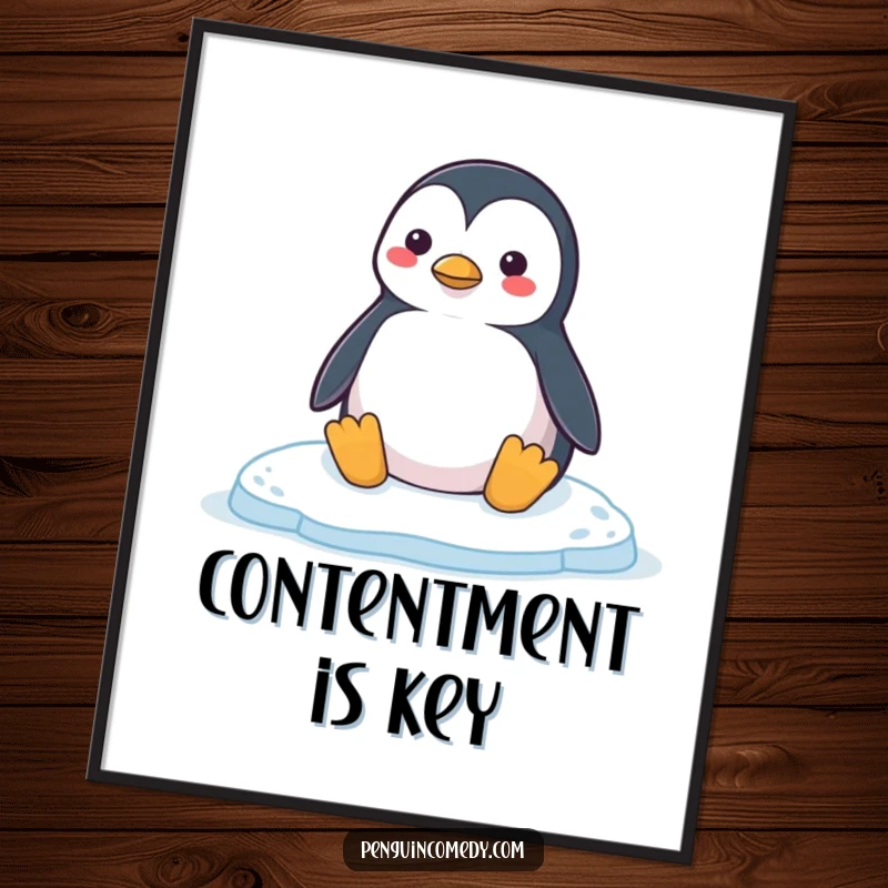 Funny Penguin Poster: A heartwarming illustration of a happy penguin honking contentedly while resting on a smooth, calm ice floe, bringing arctic joy.