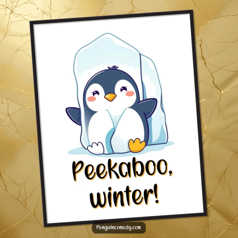 Funny poster art of a grinning penguin peeking coyly from behind a massive, frosty iceberg in a cold arctic setting.