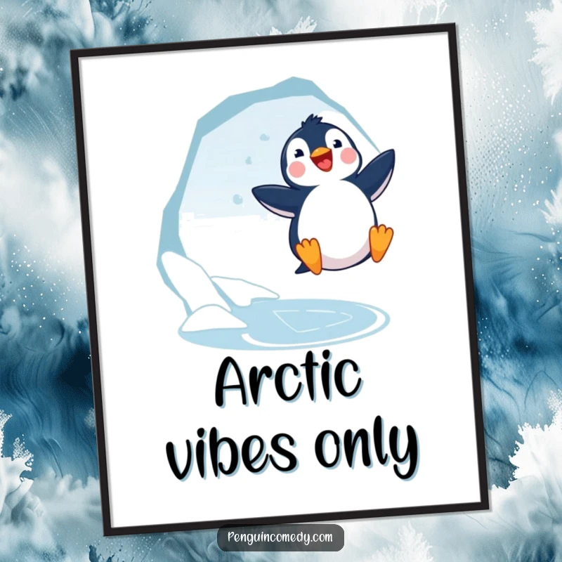 Funny Penguin Jumping Poster: A joyful penguin leaps near an ice hole, showcasing adorable arctic art and happiness.