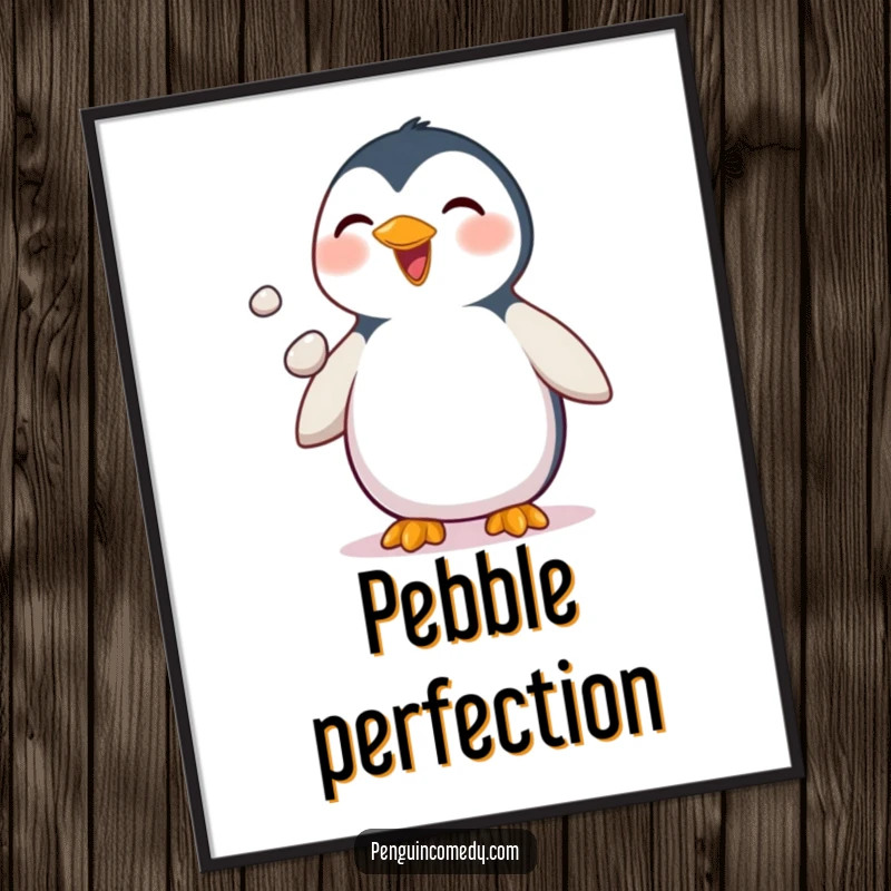 Funny Penguin Poster: An artistic piece showing a delighted penguin skillfully juggling three small pebbles with its flippers, full of fun.
