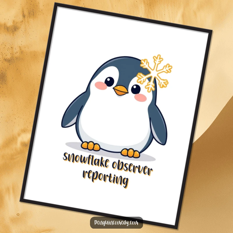 Funny poster depicting a penguin in quiet contemplation, curiously observing a unique and detailed snowflake.