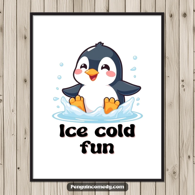 Funny poster art of a smiling penguin joyfully creating a large splash while swimming in cold, clear icy water.