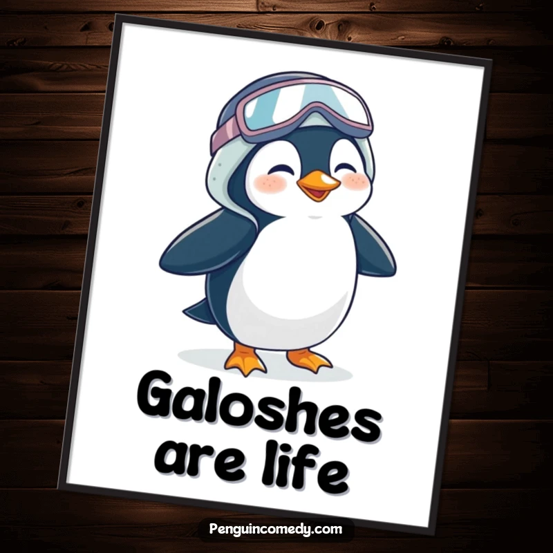 Funny Penguin Poster: An artistic piece depicting a giggling penguin comically waddling in oversized galoshes, radiating pure joy.