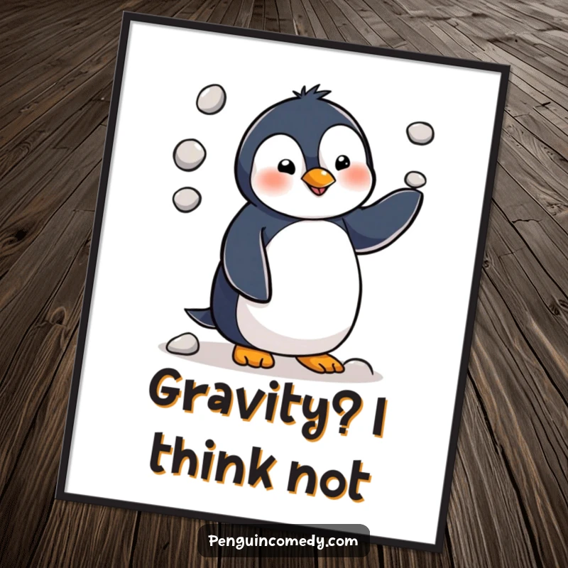 Funny penguin character focused on juggling three tiny pebbles, depicted with a comical expression in this vibrant art print.