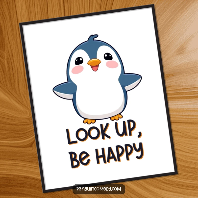 Funny joyful penguin poster, flippers outstretched, looking towards the sky with a look of pure delight and wonder.