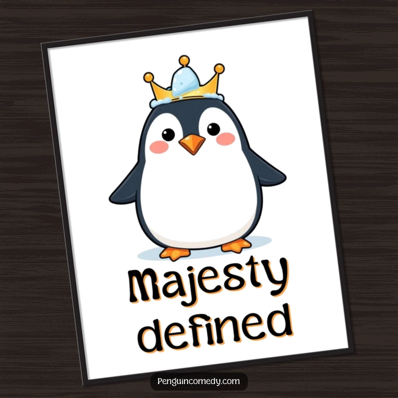Funny poster print of a happy penguin wearing a tiny ice crown, regal and humorous wall art, a gift.