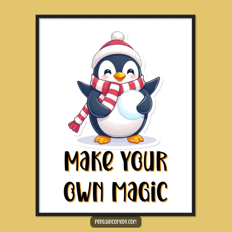 Funny Penguin Snowball Poster: Vibrant Wall Art Capturing Winter Magic