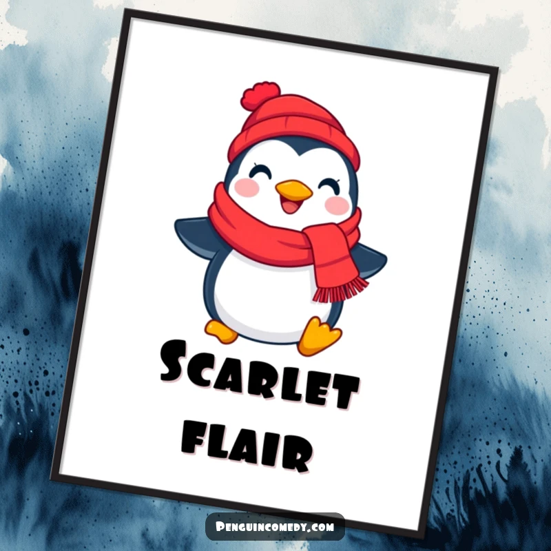 Funny cheerful penguin poster holding a vibrant red scarf, radiating winter joy, perfect for charming wall decor.
