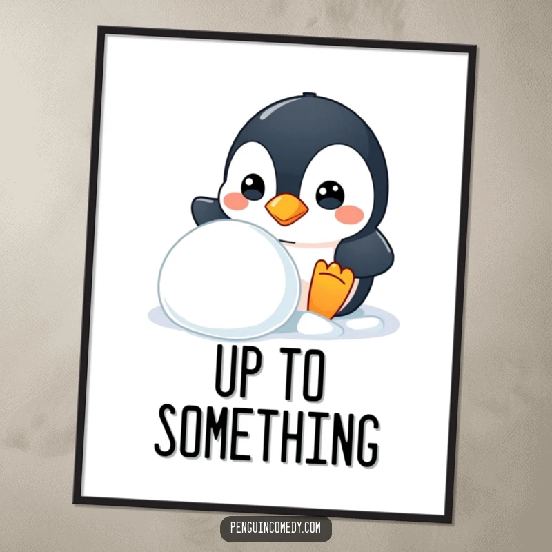 Funny poster print of a mischievous penguin peeking from behind a snowball, humorous wall art, a gift.