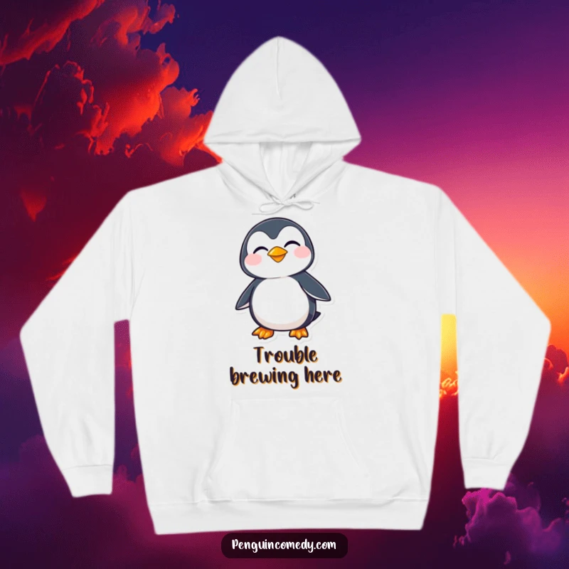 Funny penguin character sporting a mischievous sideways grin, suggesting playful secrets, featured on this comfortable hoodie.