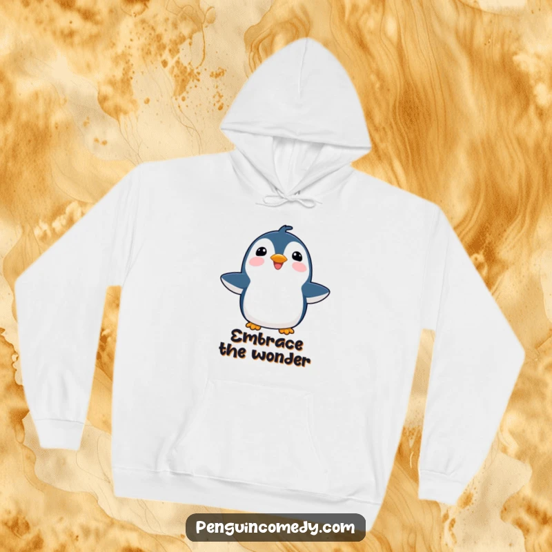 Funny joyful penguin hoodie, with flippers outstretched towards the sky, radiating happiness and cozy vibes.