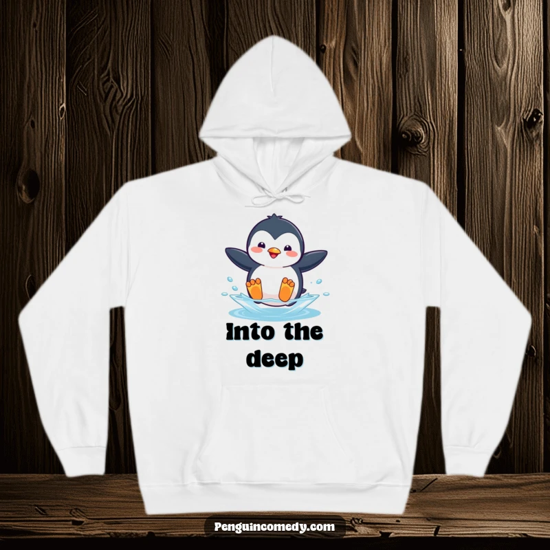 Funny hoodie featuring a playful penguin in mid-jump, flippers extended, about to plunge into the water.