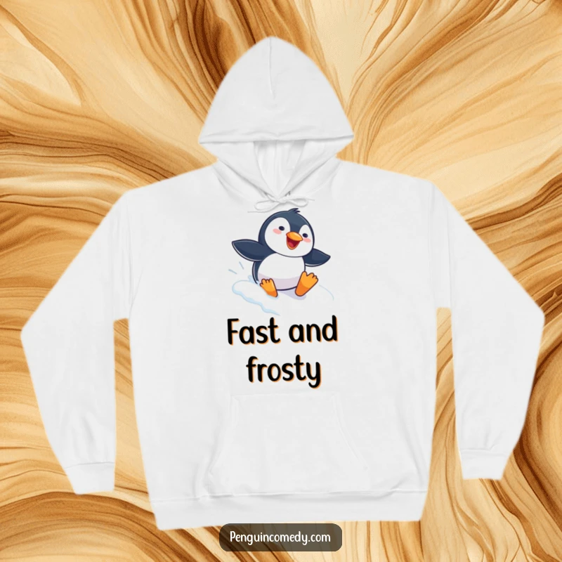 Funny Penguin Hoodie featuring a gleeful penguin sliding headfirst down a snowy slope, perfect for staying warm and embracing winter fun.