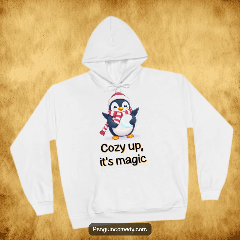 Funny Penguin Hoodie featuring a penguin in a festive scarf holding a glowing snowball, perfect for staying warm and embracing winter magic.