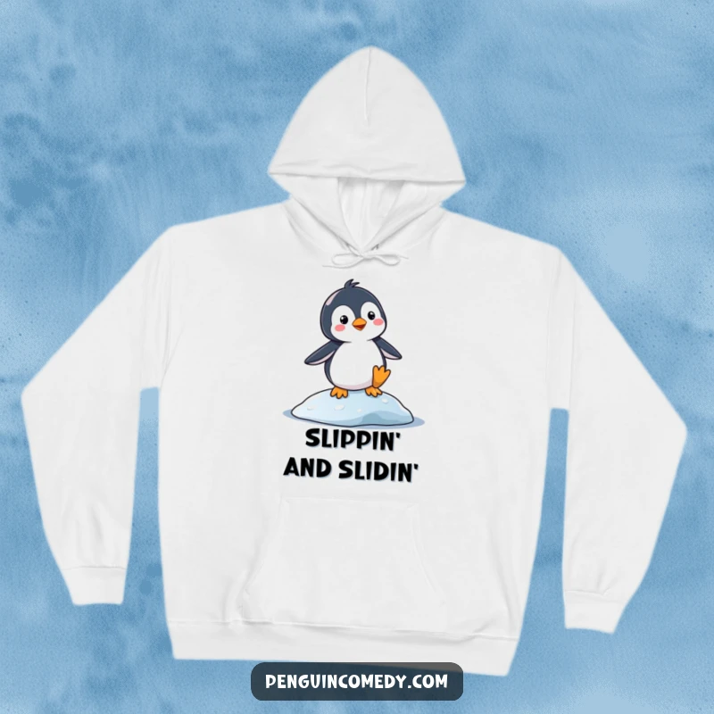 Funny Hoodie: A silly penguin balancing precariously on a slippery surface. Cozy and humorous outerwear for penguin lovers.