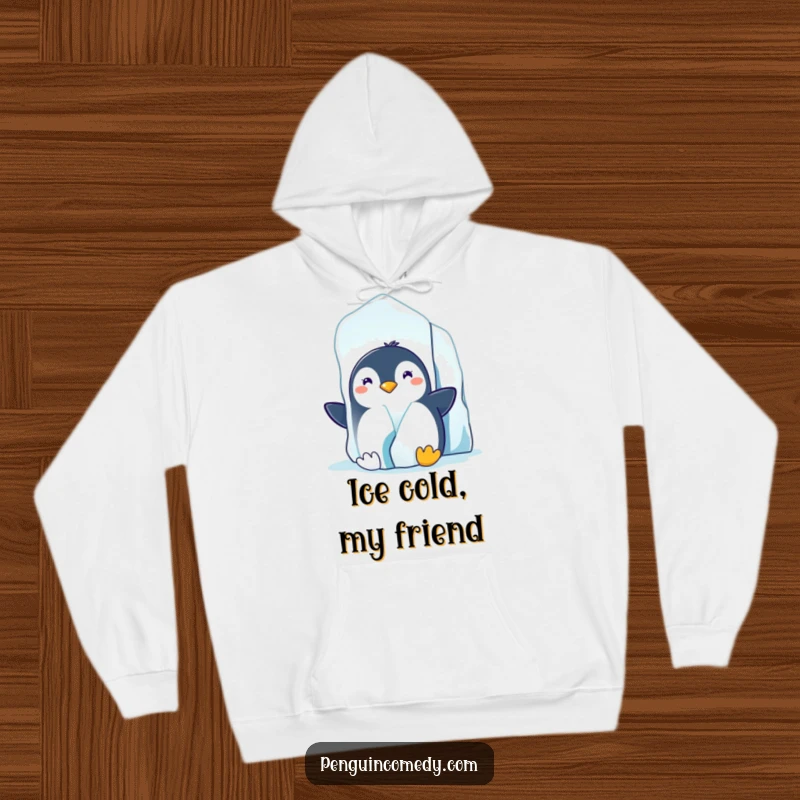 Funny and warm hoodie featuring a grinning penguin slyly peeking from behind a giant iceberg in a snowy arctic landscape.