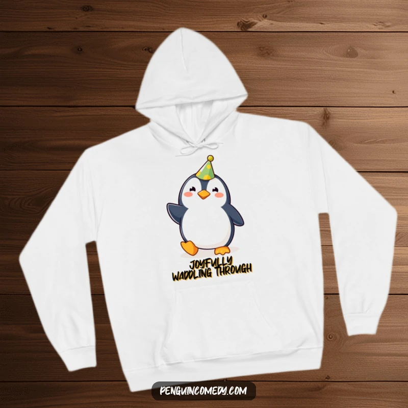 Funny cute penguin wearing a party hat, waddling joyfully, designed for a cozy and funny hoodie gift.