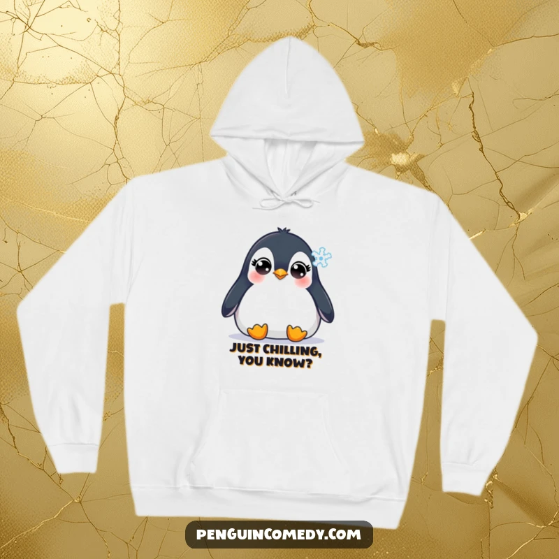 Funny Penguin Hoodie: A charming penguin with wide, innocent eyes mesmerized by a falling snowflake, symbolizing quiet winter contemplation and warmth.