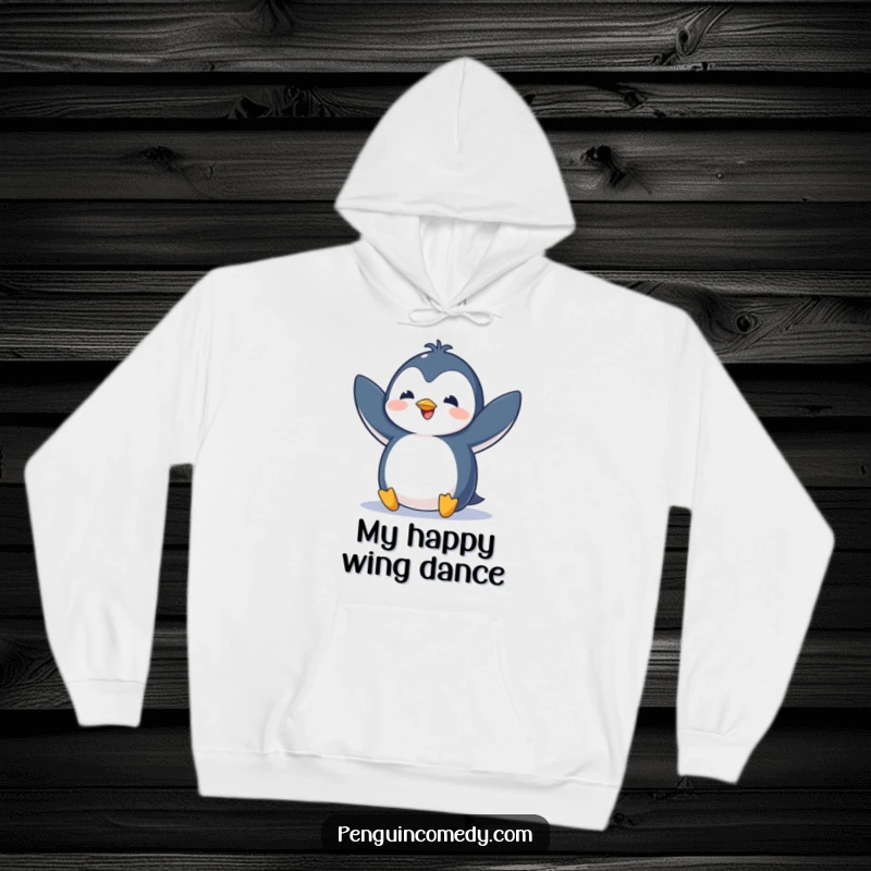 Funny hoodie featuring a penguin flapping its wings with excitement, perfect for staying warm and cheerful.