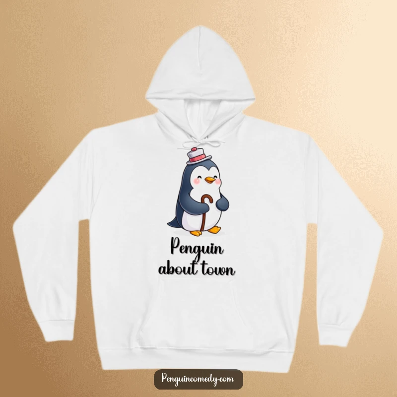 Funny, cozy hoodie depicting a happy penguin in a top hat and cane, offering warmth and dapper, humorous style.