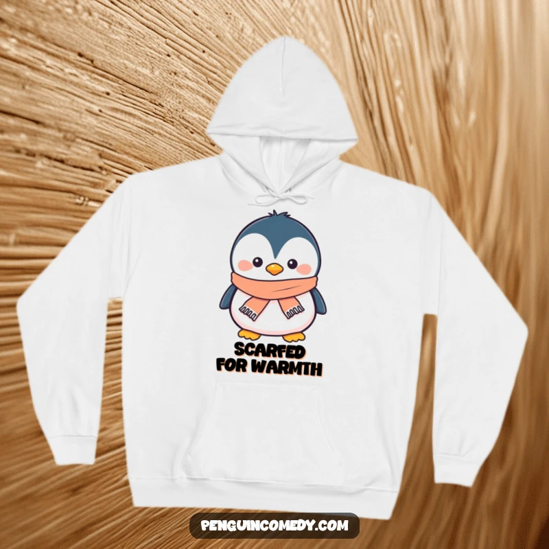 Funny penguin hoodie showing a smiling penguin wearing a tiny scarf, offering warmth and cute winter style.