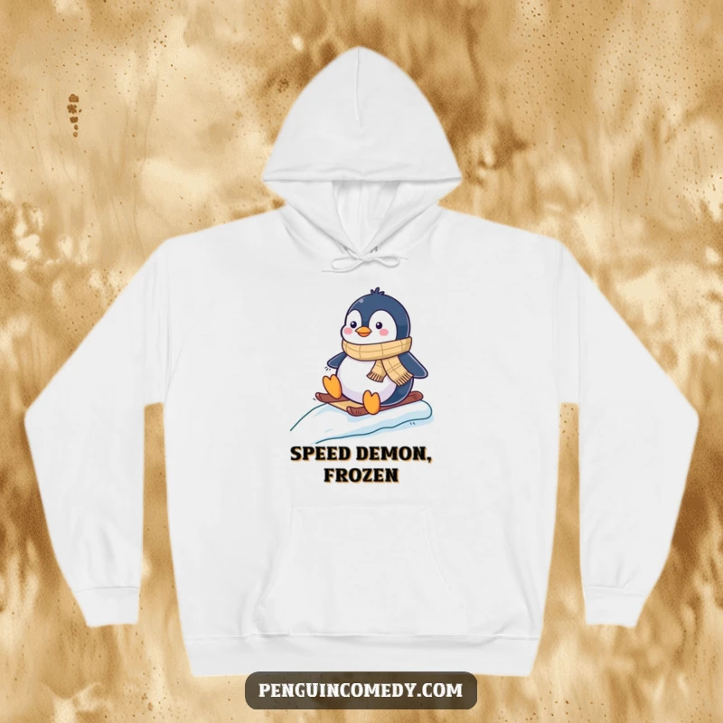 Funny hoodie with a cozy penguin wearing a scarf, having an absolute blast while sledding down a frosty slope.