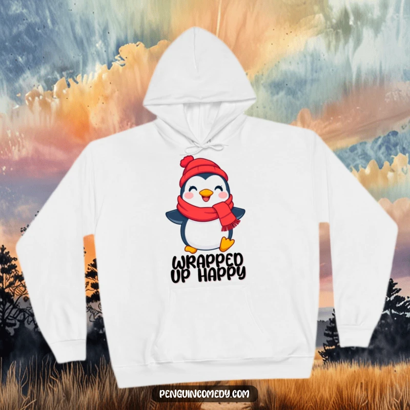 Funny penguin scarf hoodie, a cheerful bird bundled in a red scarf, perfect for staying warm and looking cute.